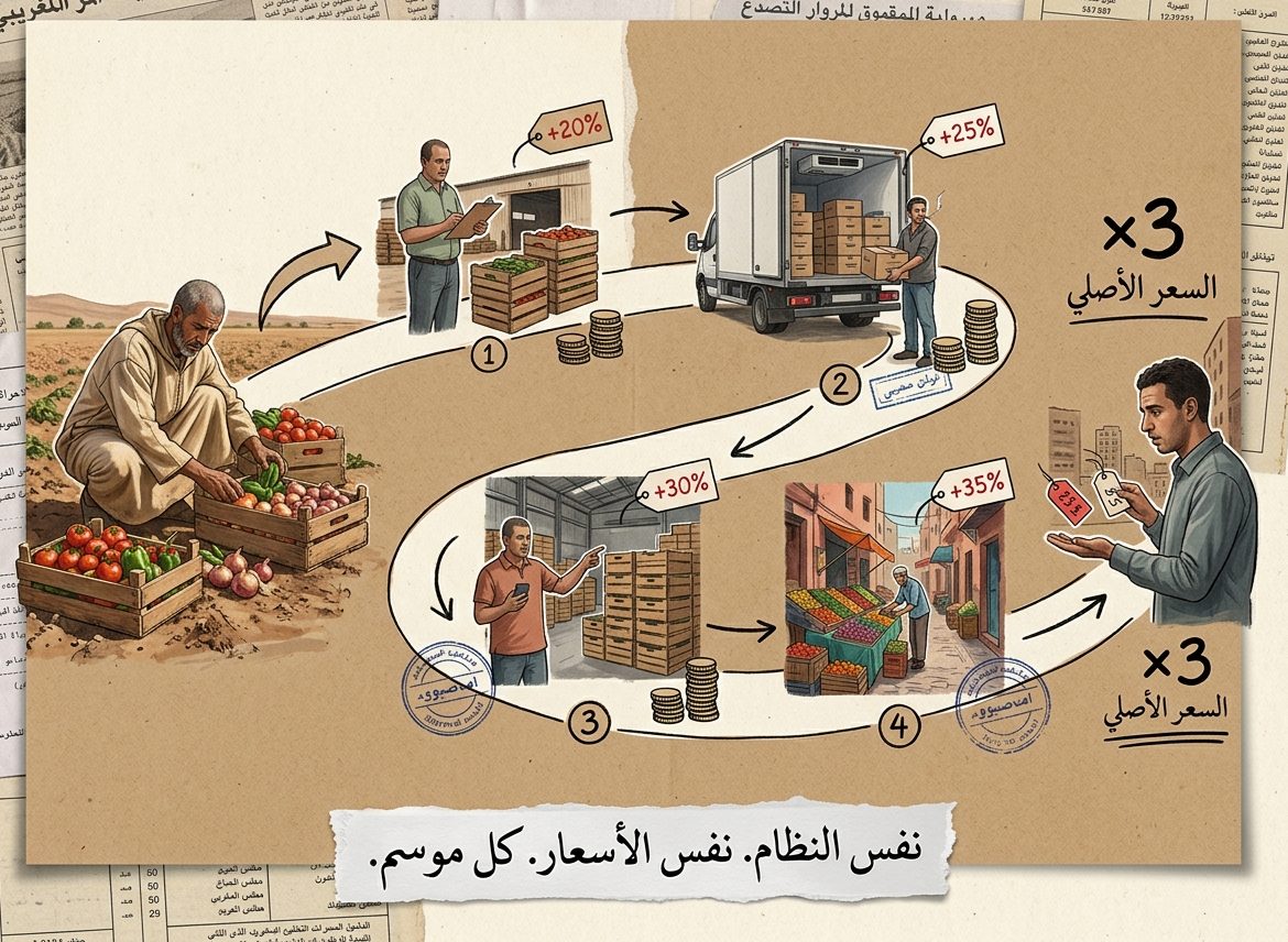صورة توضيحية لمراحل مرور "الخضرة" من الفلاح للمستهلك 